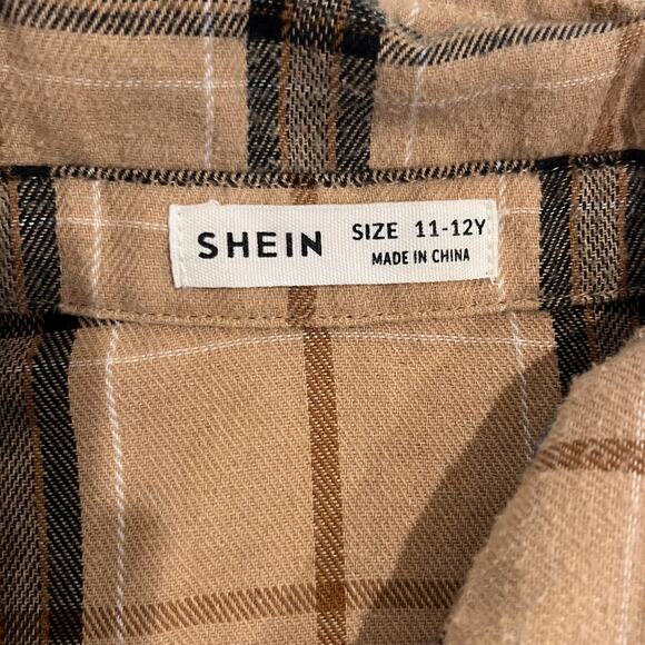 Girls SHEIN Cropped Plaid Button-Up Flannel Shirt Tan/Black – Size 11-12Y - Picture 4 of 4